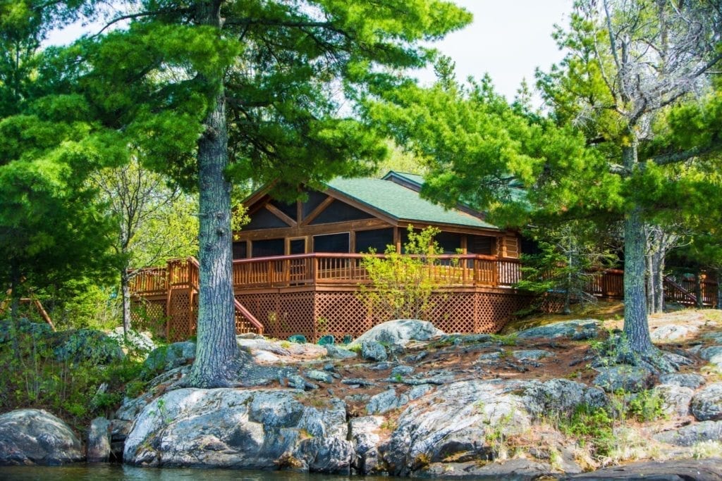 View of Firestone Log Lodge from lake.