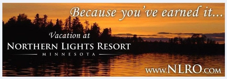 Sunset on Lake kabetogama. Text: Because you've earned it... Vacation at Northern Lights Resort Minnesota.