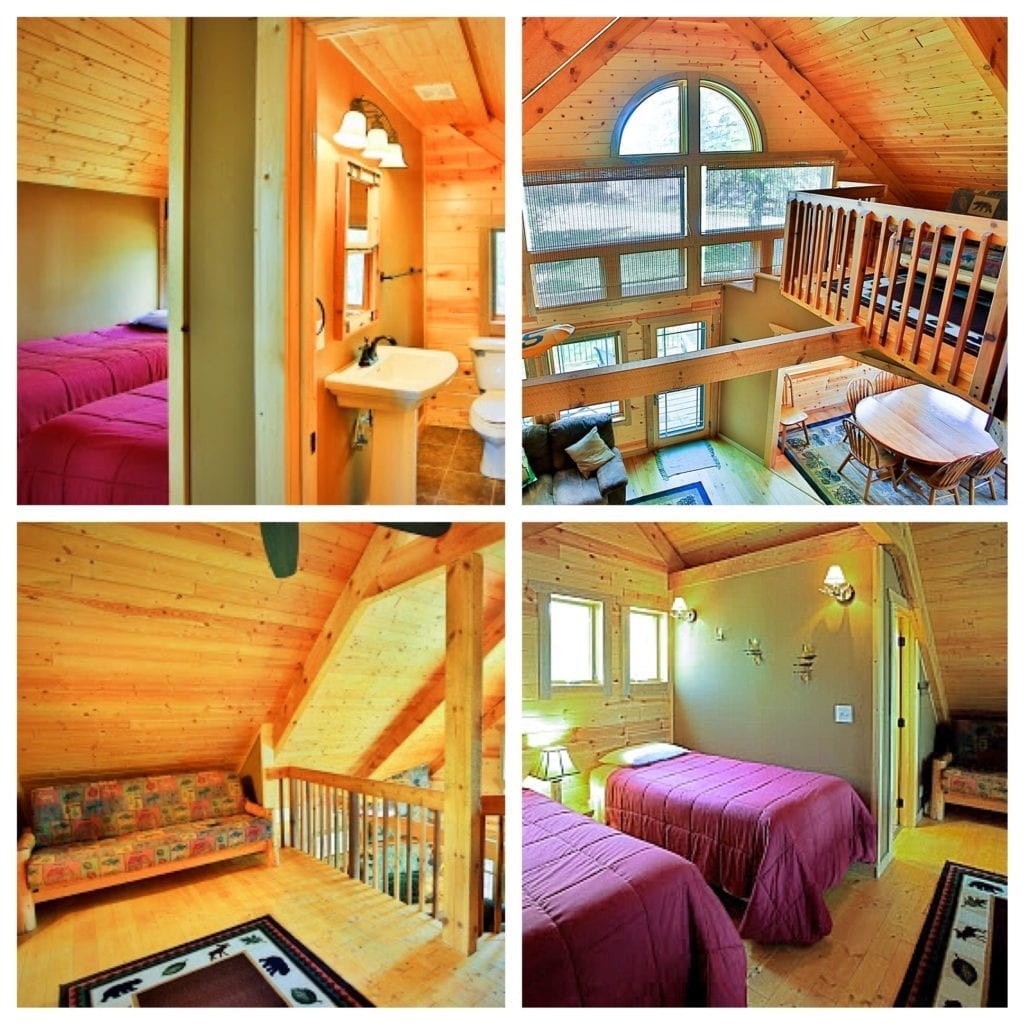 Four photos - bedroom and bathroom, loft, loft couch, bedroom with two single beds.