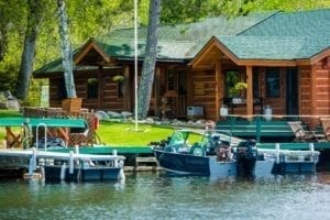 View of cabins and docks from the lake.