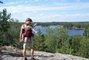 Hiking in Voyageurs National Park on Cruiser Lake trail on Kabetogama Peninsula e view of Anderson Bay