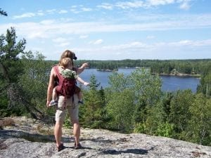 Hiking in Voyageurs National Park on Cruiser Lake trail on Kabetogama Peninsula e view of Anderson Bay