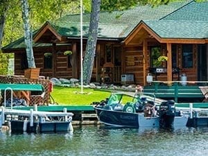 View of cabins and docks from the lake.