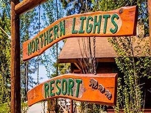 Northern Lights Resort wooden sign.