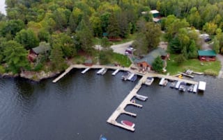 Aerial view of Northern Lights Resort dock and cabins.
